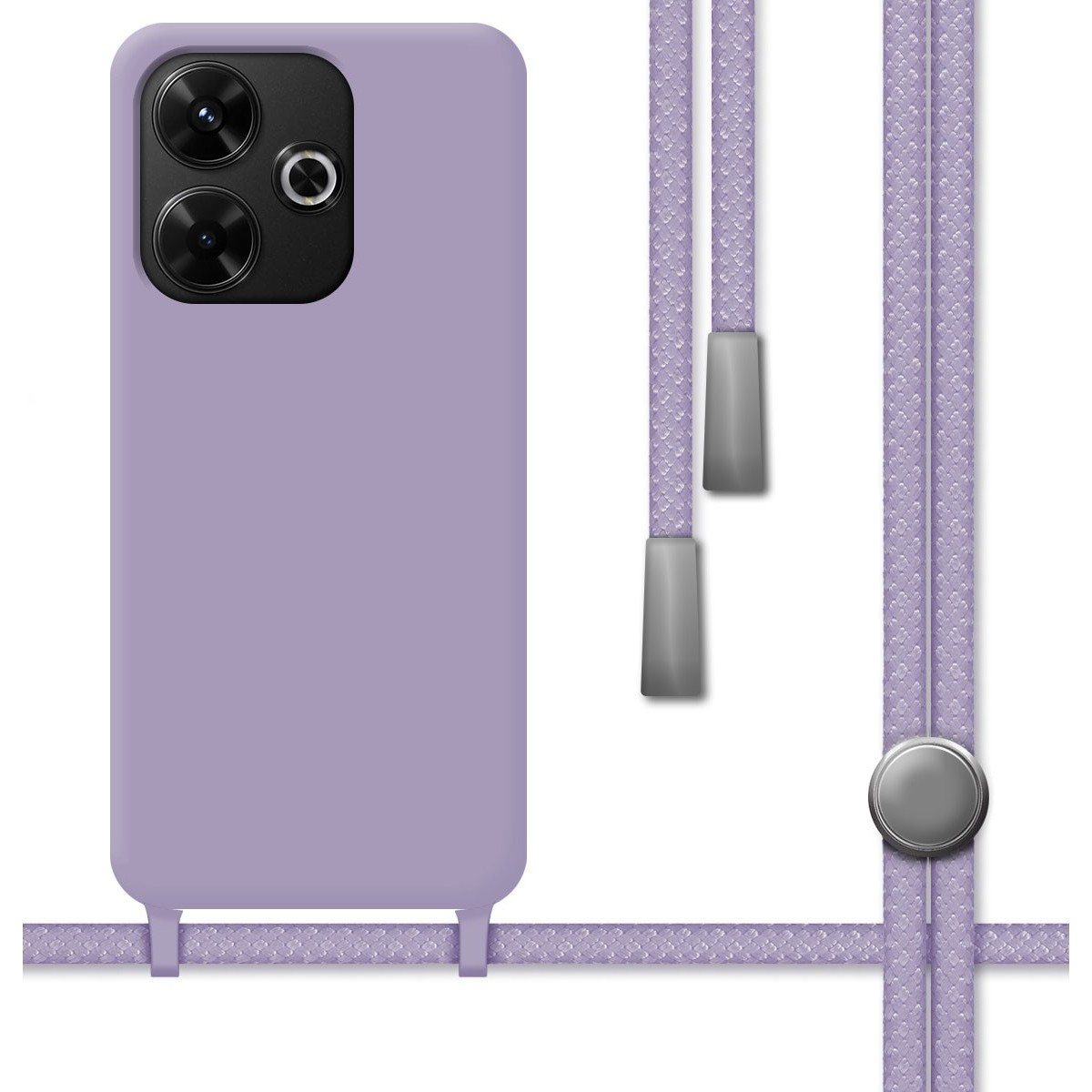 Custodia per telefono lilla con tre lenti della fotocamera e un cordino abbinato con dettagli argentati.