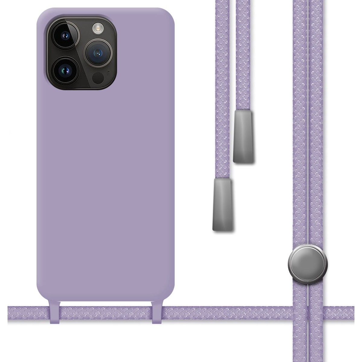 Custodia per telefono viola con tre obiettivi. Un cavo viola pende a sinistra con un bottone argentato.