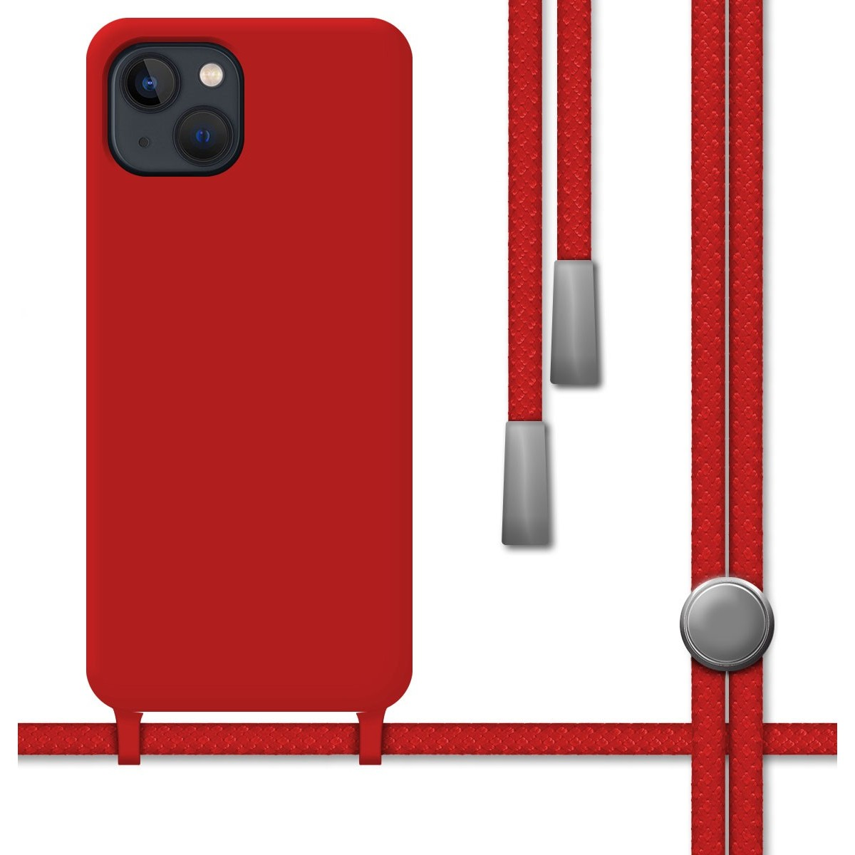 Custodia per telefono rossa con un cordino rosso. Il telefono ha tre fotocamere.