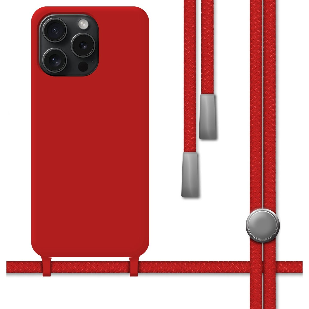 Custodia per telefono rossa con cordino rosso, dettagli color argento, isolata su sfondo bianco.