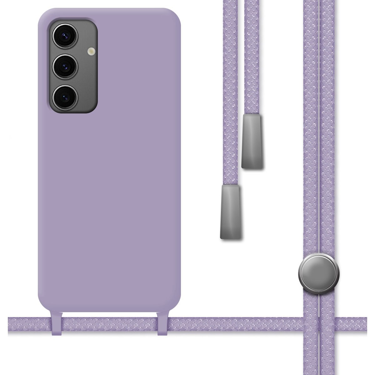 Una custodia per telefono viola con un cordino viola. Il cordino ha attacchi argentati.