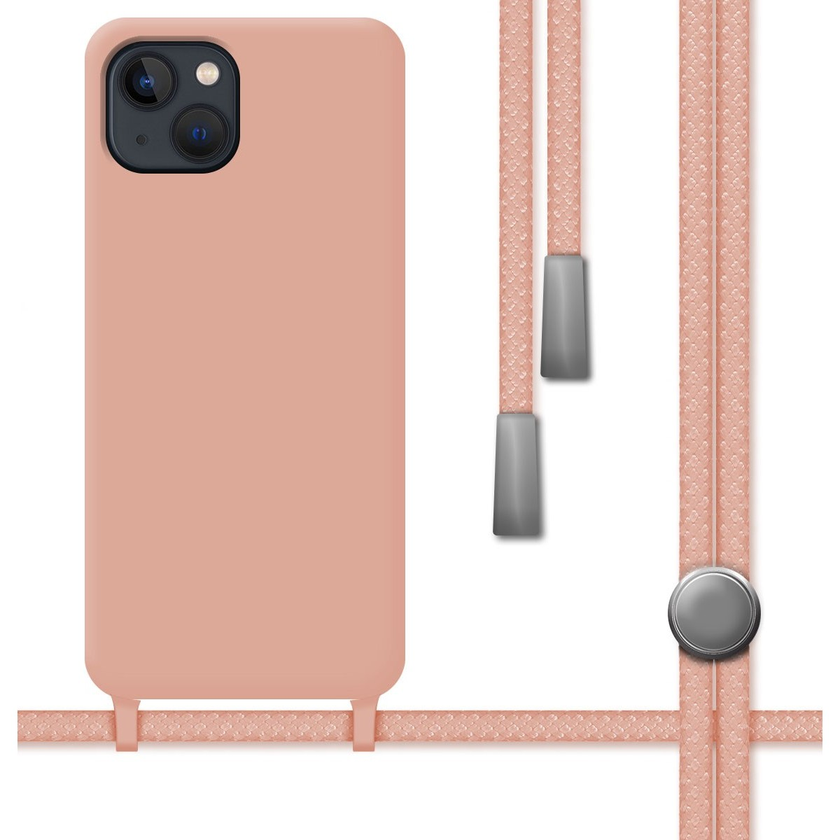 Una custodia per telefono color pesca con cordino, con configurazione a doppia fotocamera e piccolo altoparlante.