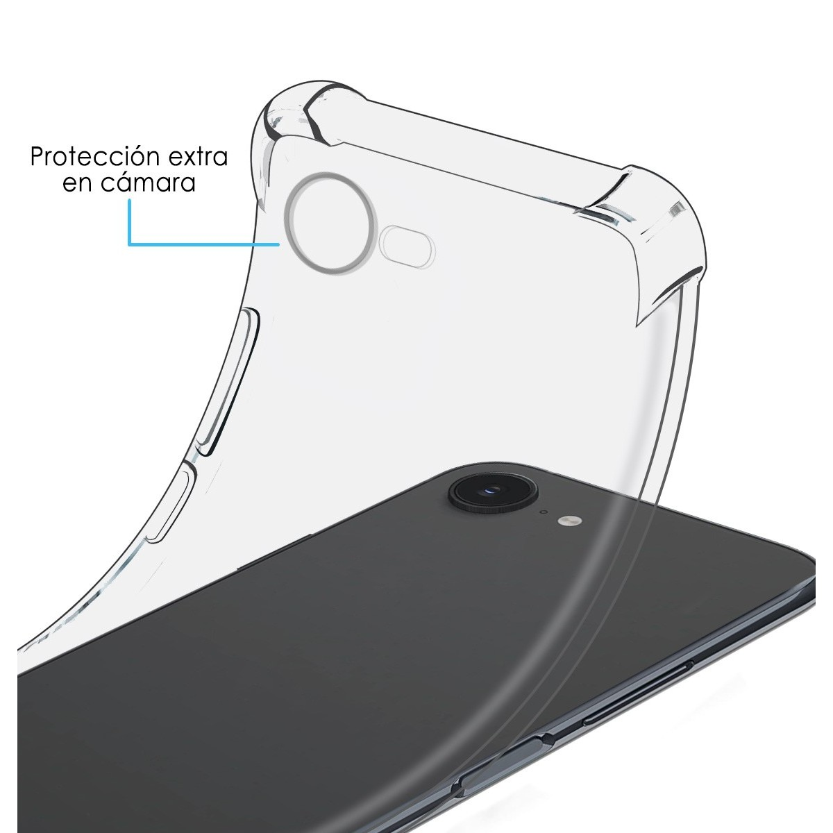 Una custodia trasparente per telefono con protezione della fotocamera, posizionata sopra un telefono nero.