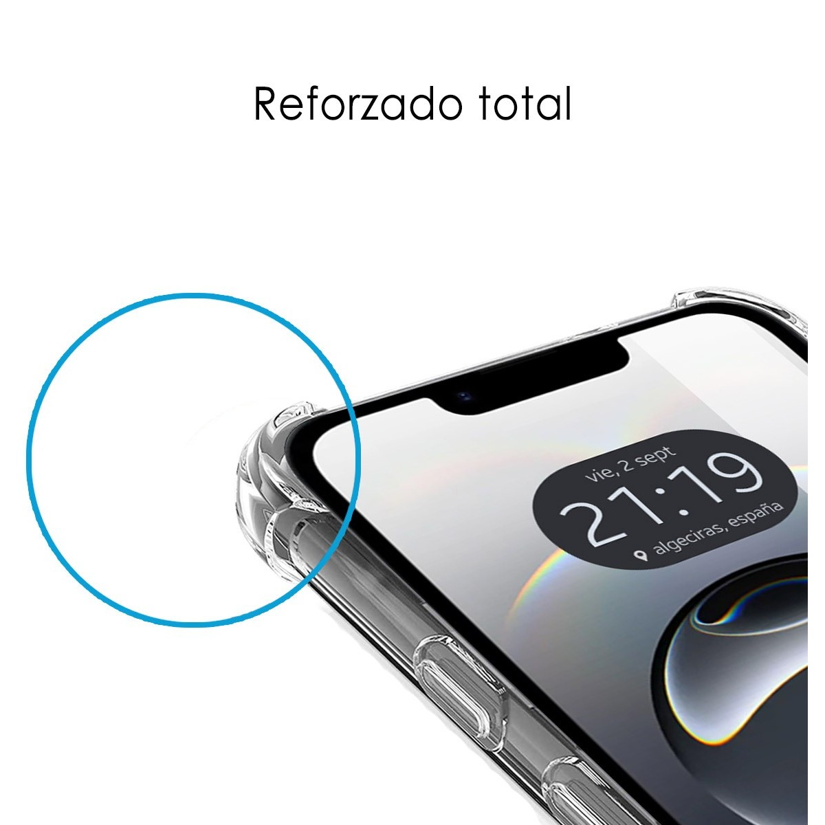 Un primo piano dello schermo di un telefono con una custodia trasparente. Lo schermo mostra ora e data.