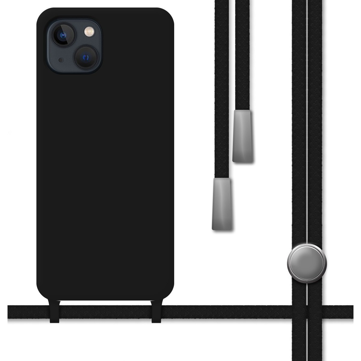 Custodia per telefono nera con cordino nero, bottone argentato e cappucci grigi, su sfondo bianco.