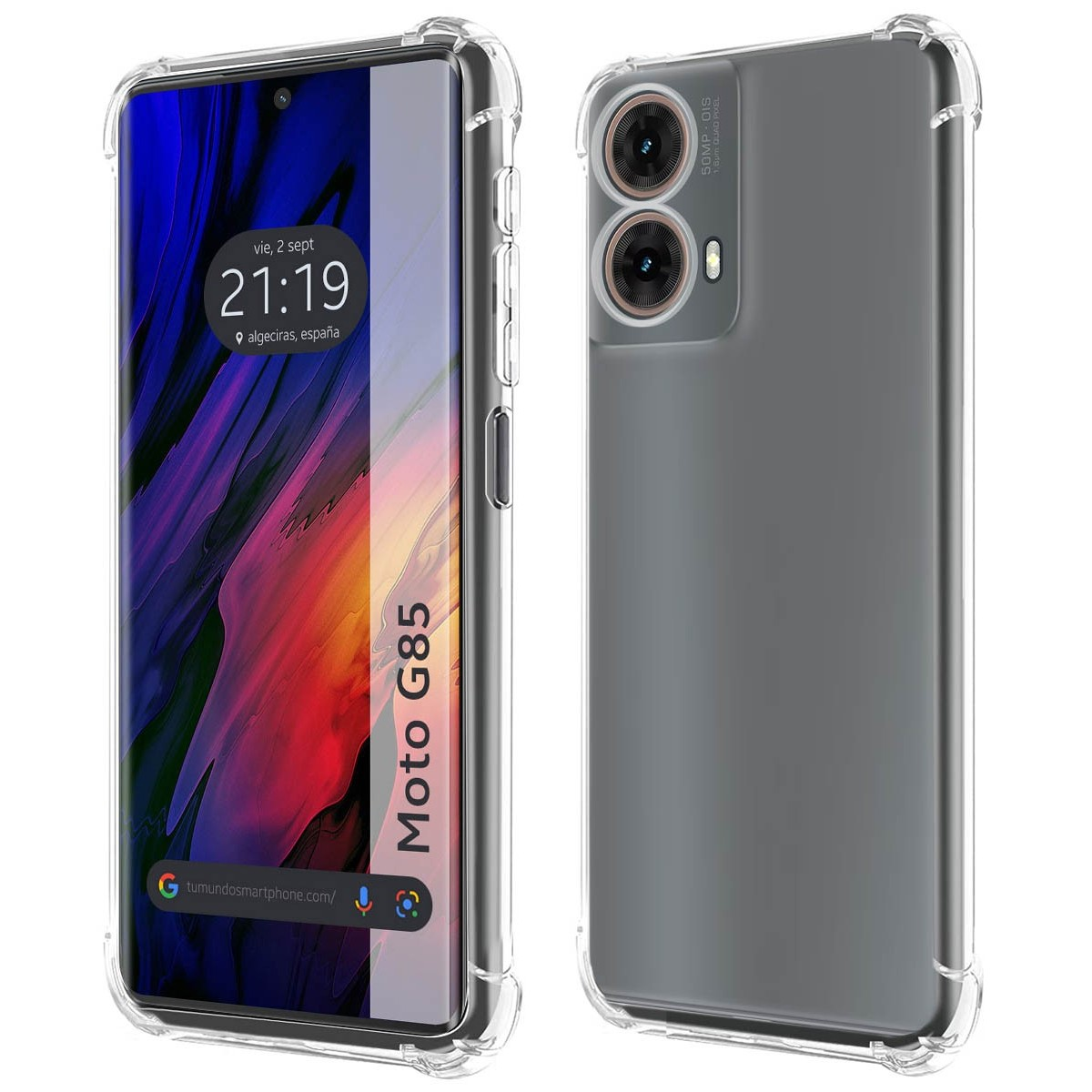 Funda de smartphone con teléfono que muestra hora y ubicación. La funda es transparente.