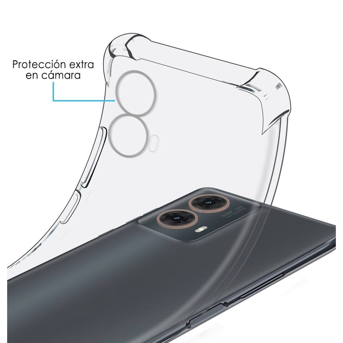 Funda transparente para teléfono que protege las lentes de la cámara.
