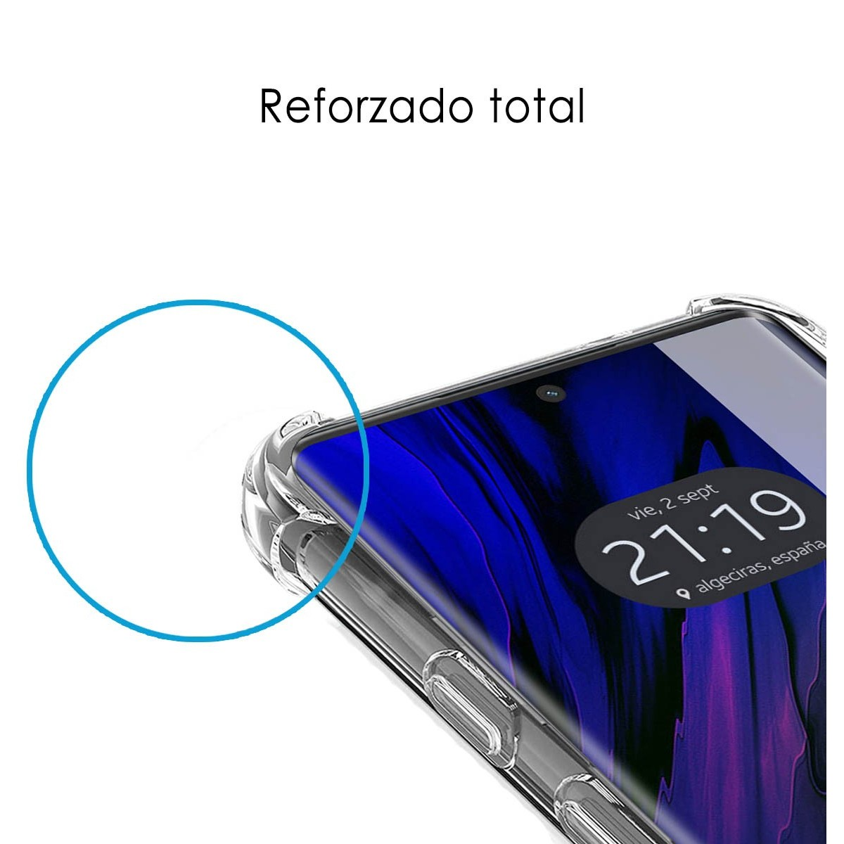 Primer plano de la pantalla de un teléfono con una funda transparente. La pantalla muestra hora y fecha.