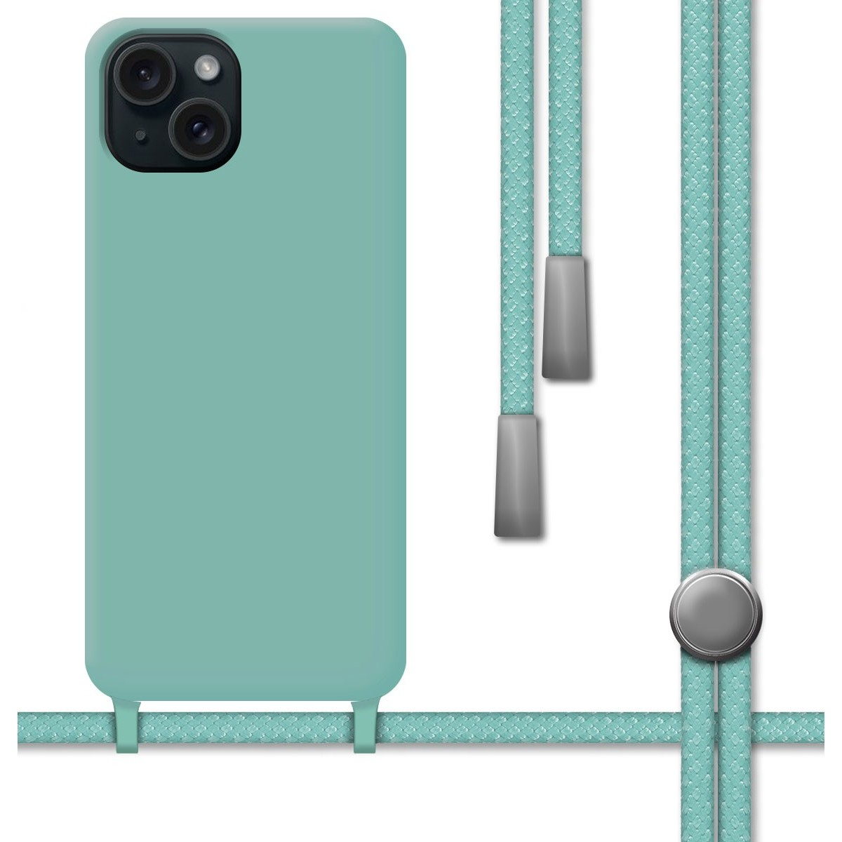 Custodia verde menta con cordino verde menta e dettagli argento su sfondo bianco.