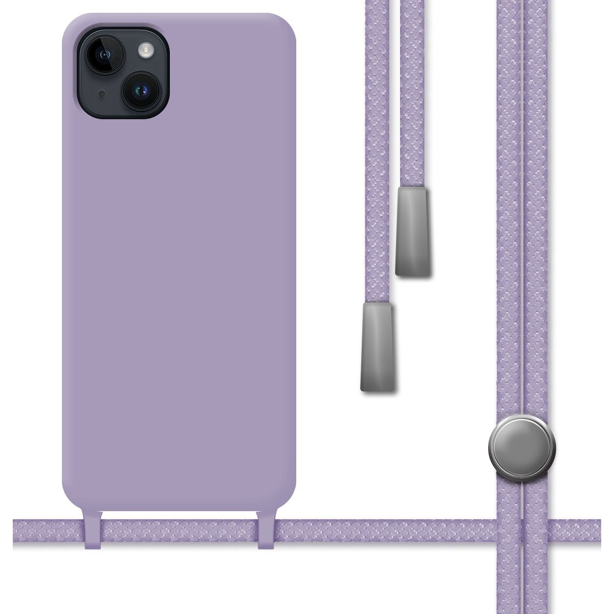Una custodia per telefono viola chiaro con un cordino e un bottone argentato.