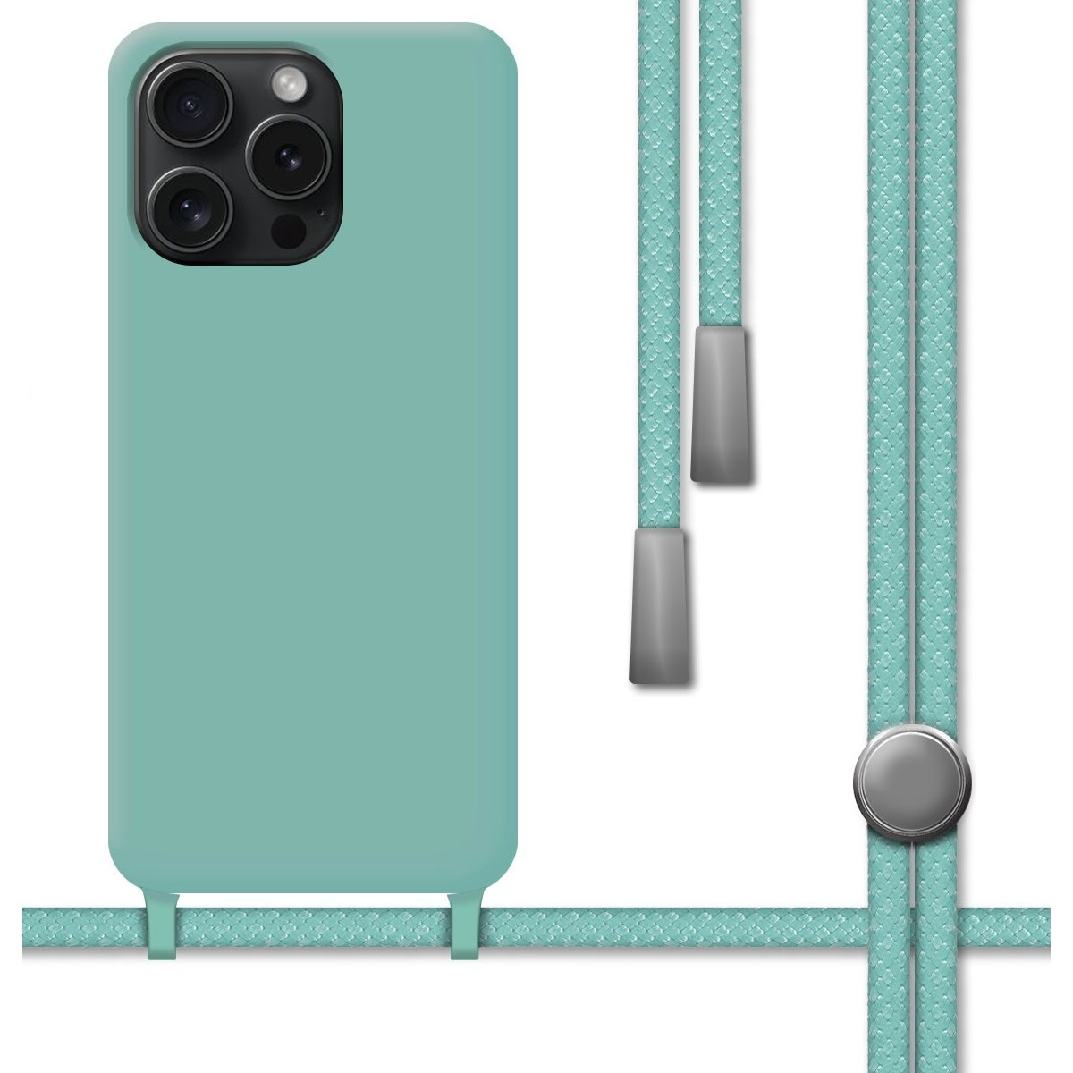 Custodia per telefono color menta con cordino. Sfondo bianco.