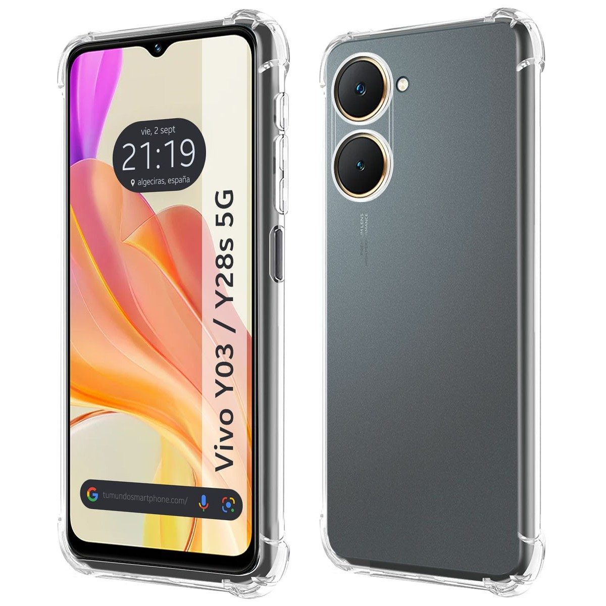 Custodia trasparente con telefono che mostra ora e luogo. Il telefono ha anche doppia fotocamera.