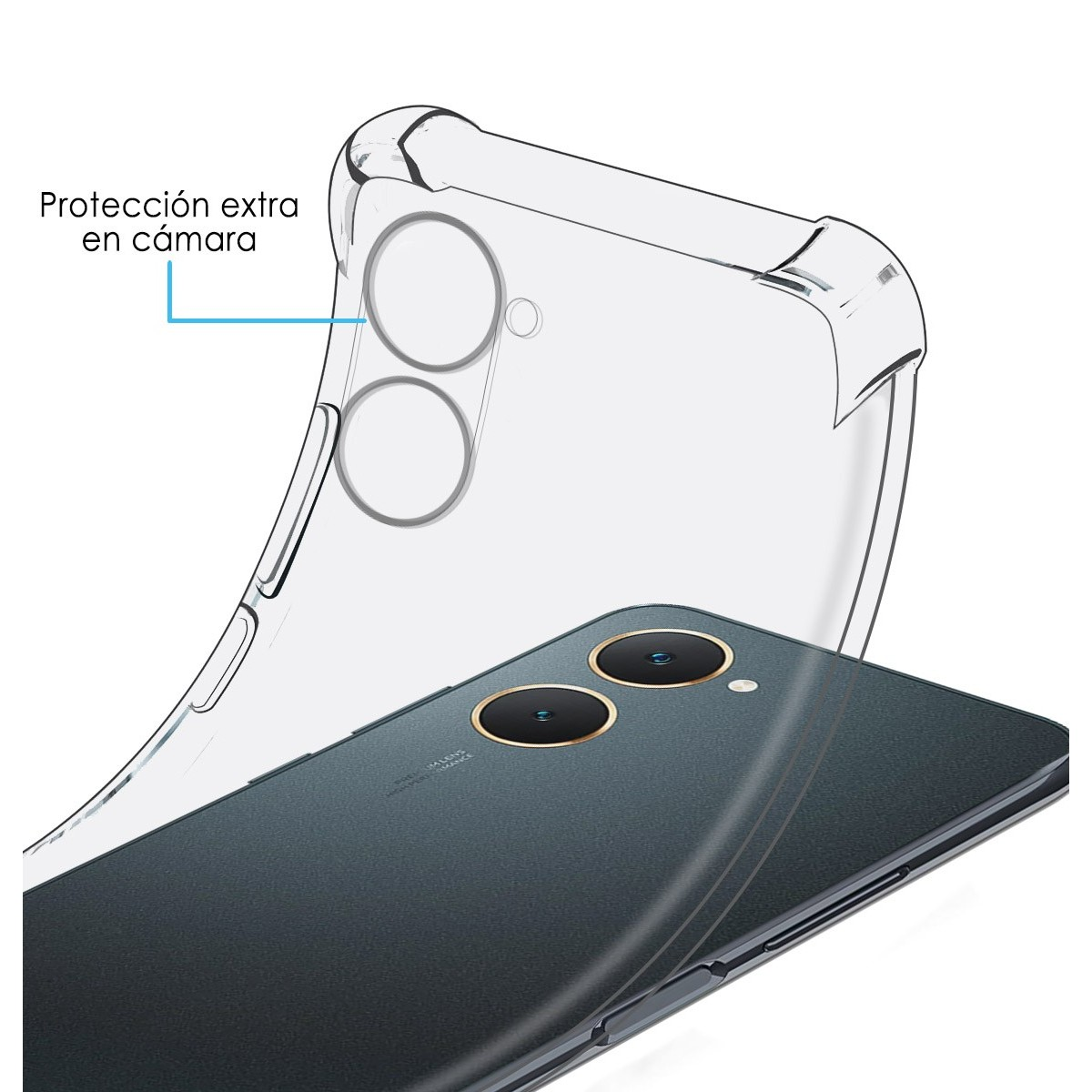 Custodia trasparente su un telefono. La custodia ha una protezione per la fotocamera. Il telefono è grigio scuro.