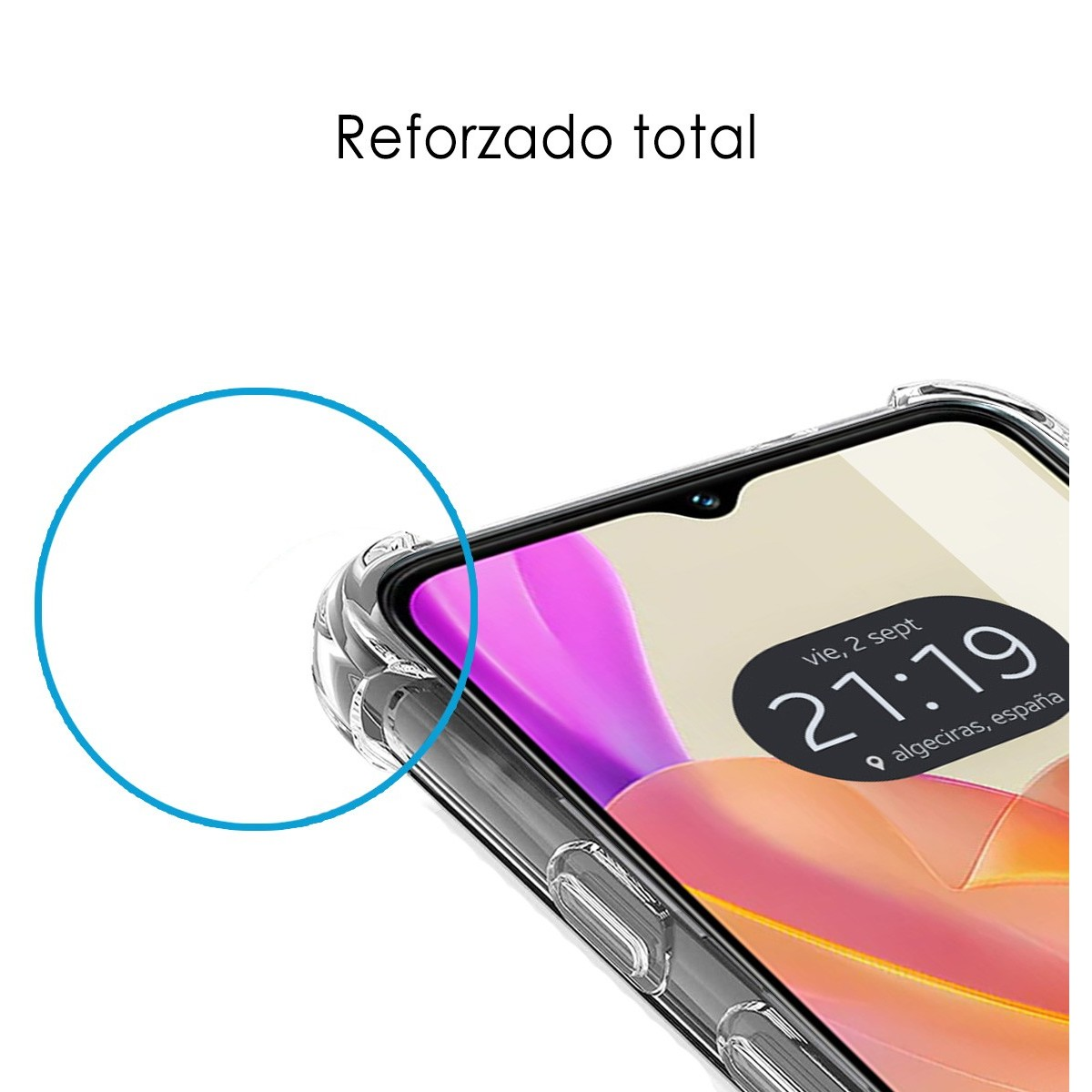 Primo piano di una custodia per telefono, bordo trasparente e uno schermo del telefono.