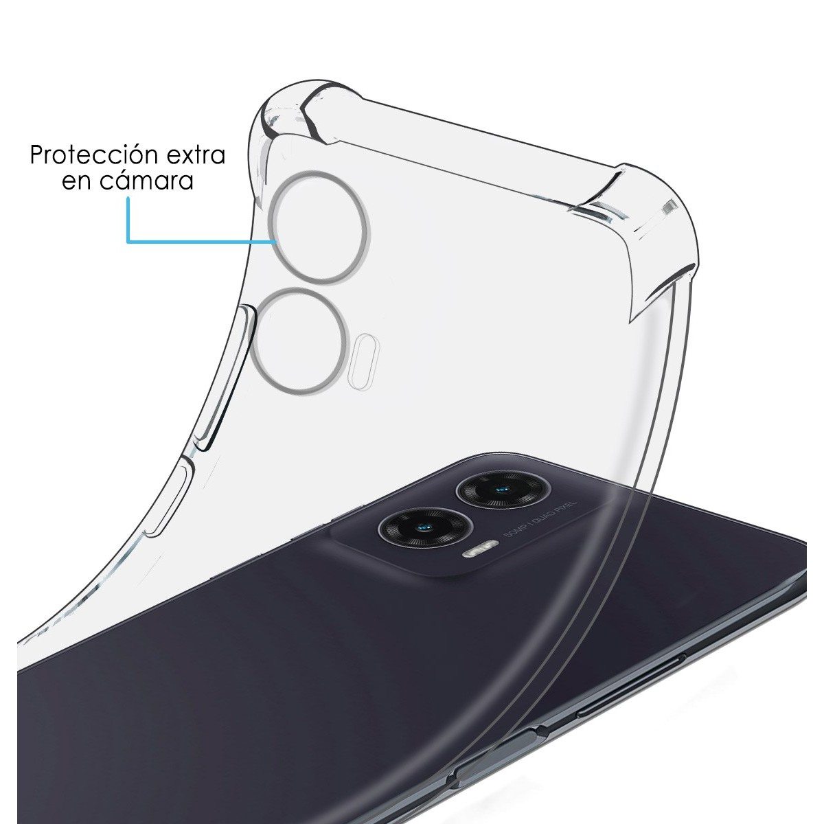 Una custodia trasparente per telefono è sopra un telefono. L'obiettivo della fotocamera è visibile e il testo recita 'Protección extra en cámara'.