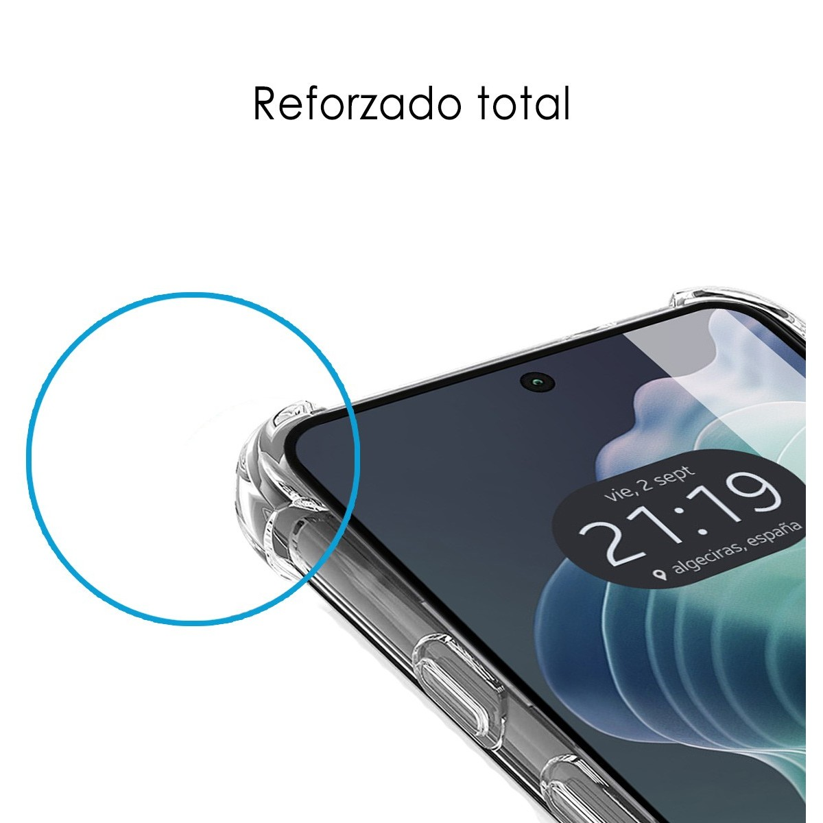 Smartphone in una custodia protettiva trasparente, che mostra un primo piano dell'angolo.