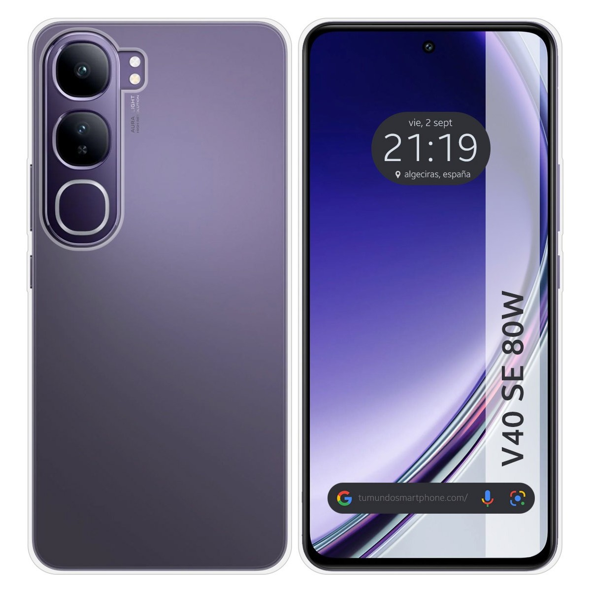 Custodia del telefono con gradiente viola e display con data e ora.