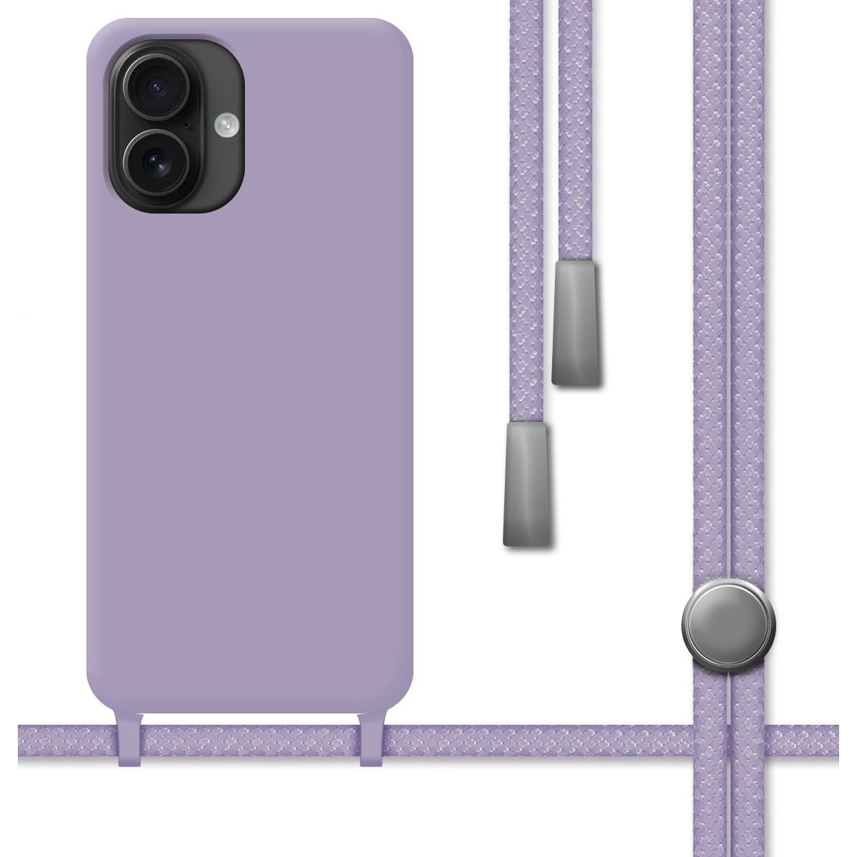 Custodia viola per telefono con cordino. Il cordino è lilla chiaro e ha una chiusura argentata.