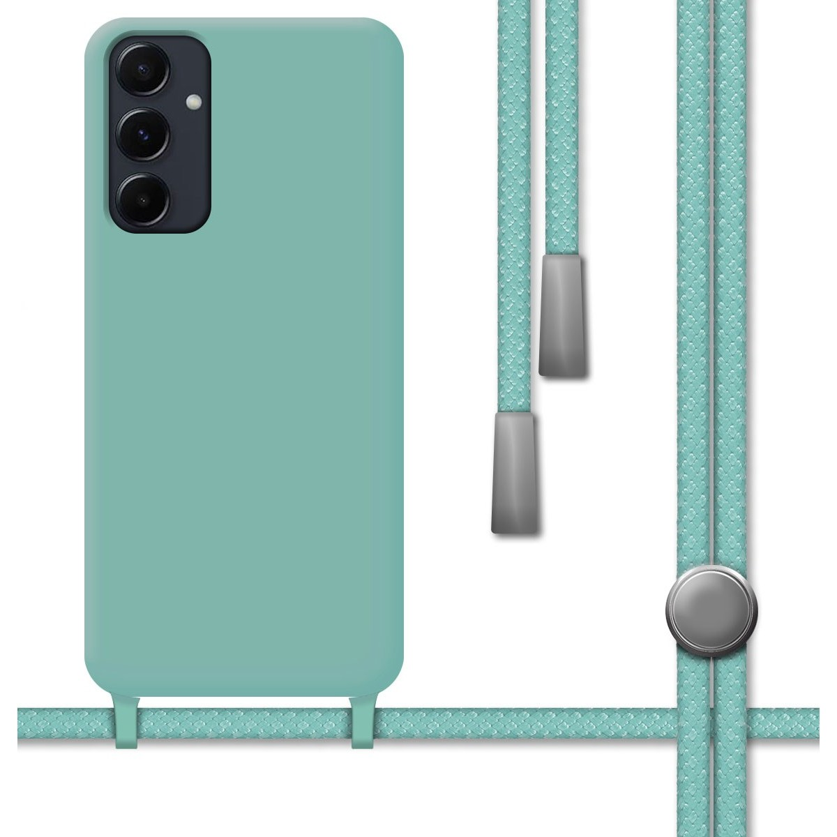 Custodia per telefono verde acqua con cordino, con fotocamera e design semplice e arrotondato.