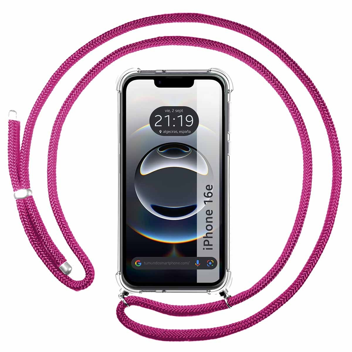 Uno smartphone con un cordino rosa attaccato. Lo schermo mostra un'interfaccia.