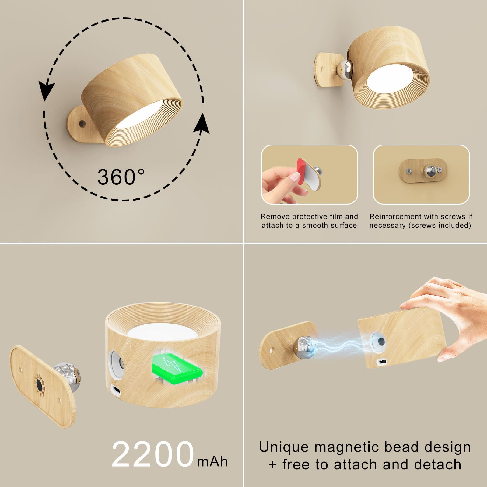 Holzlampe mit mehreren Bildern, die ihre Merkmale zeigen. Sie kann an der Wand befestigt werden. Sie hat 2200mAh.