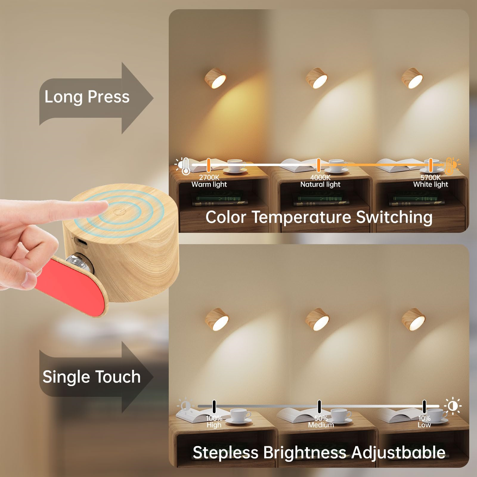 Nachttischlampe aus Holz mit Touch-Bedienelementen, Farbtemperatur- und Helligkeitseinstellung.