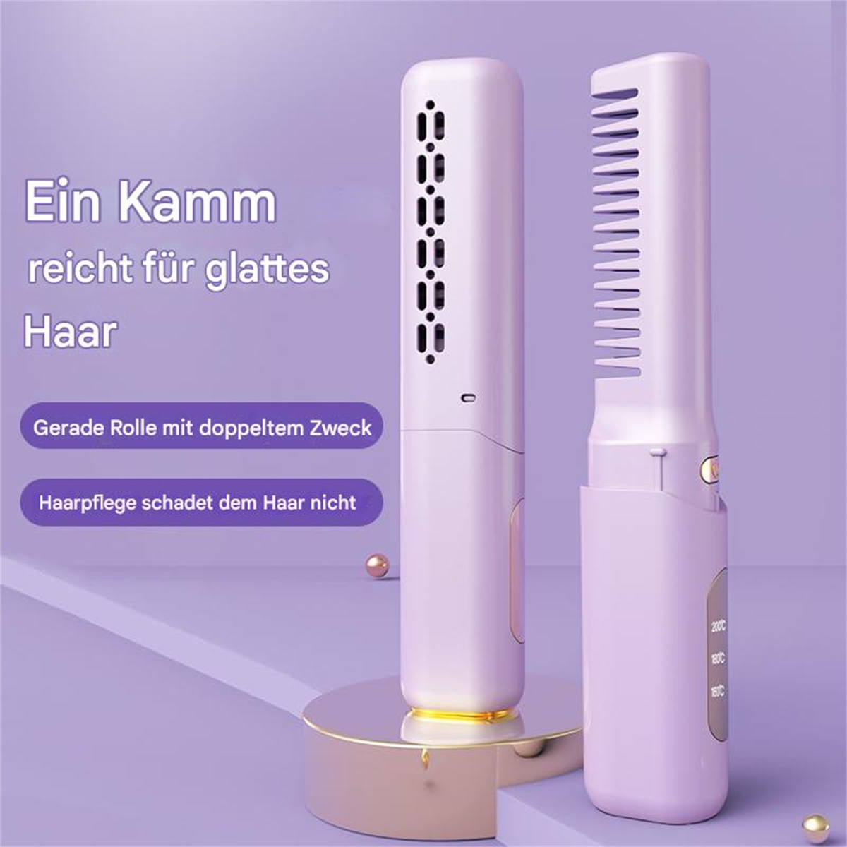 Zwei weiße Haarstyling-Kämme. Einer hat Luftlöcher, der andere Zähne. Lila Hintergrund.