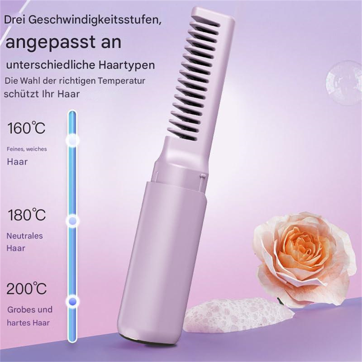 Ein Haarglätter mit Text auf Deutsch über Haartypen und Temperaturen. Eine Rose in der Ecke.