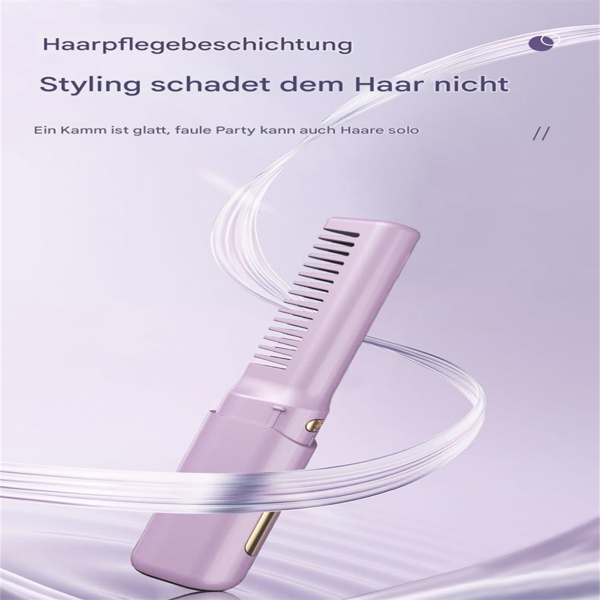 Ein pinkfarbener, kammartiger Haarstyling-Tool. Text auf Deutsch. Weißer Hintergrund.