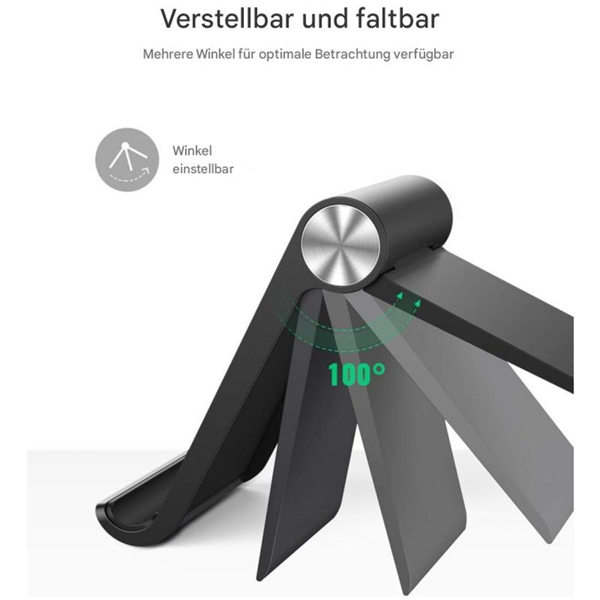 Ein schwarzer, verstellbarer Telefonständer mit silbernem Akzent in der Mitte. Weißer Hintergrund.
