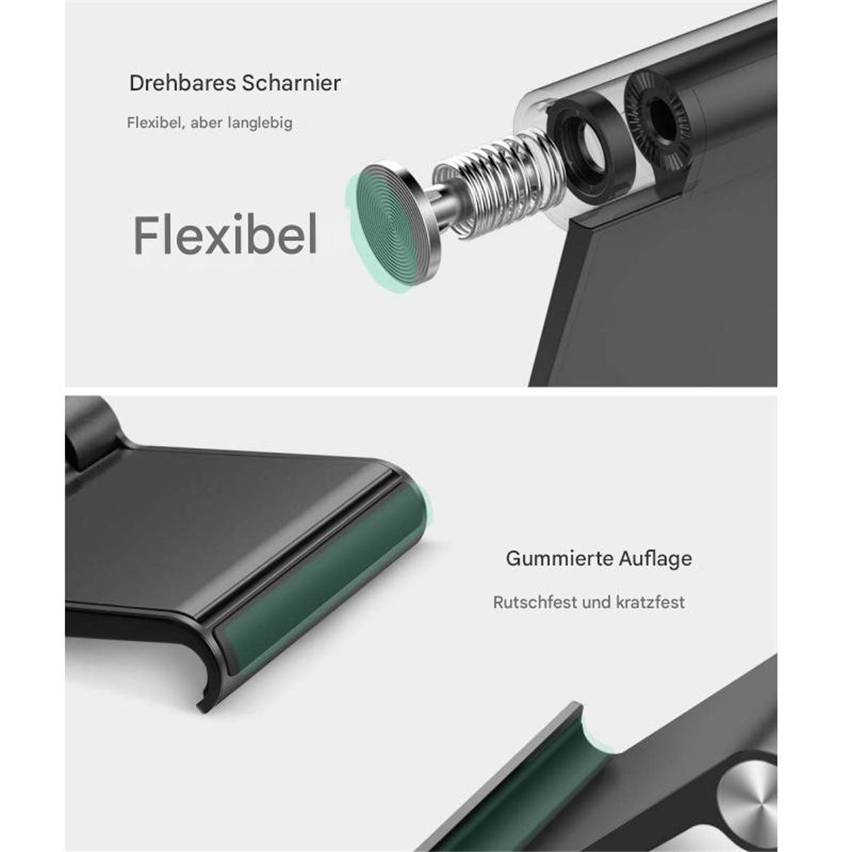 Nahaufnahme eines flexiblen Scharniermechanismus an einem schwarzen Gerät mit grünem Akzent.