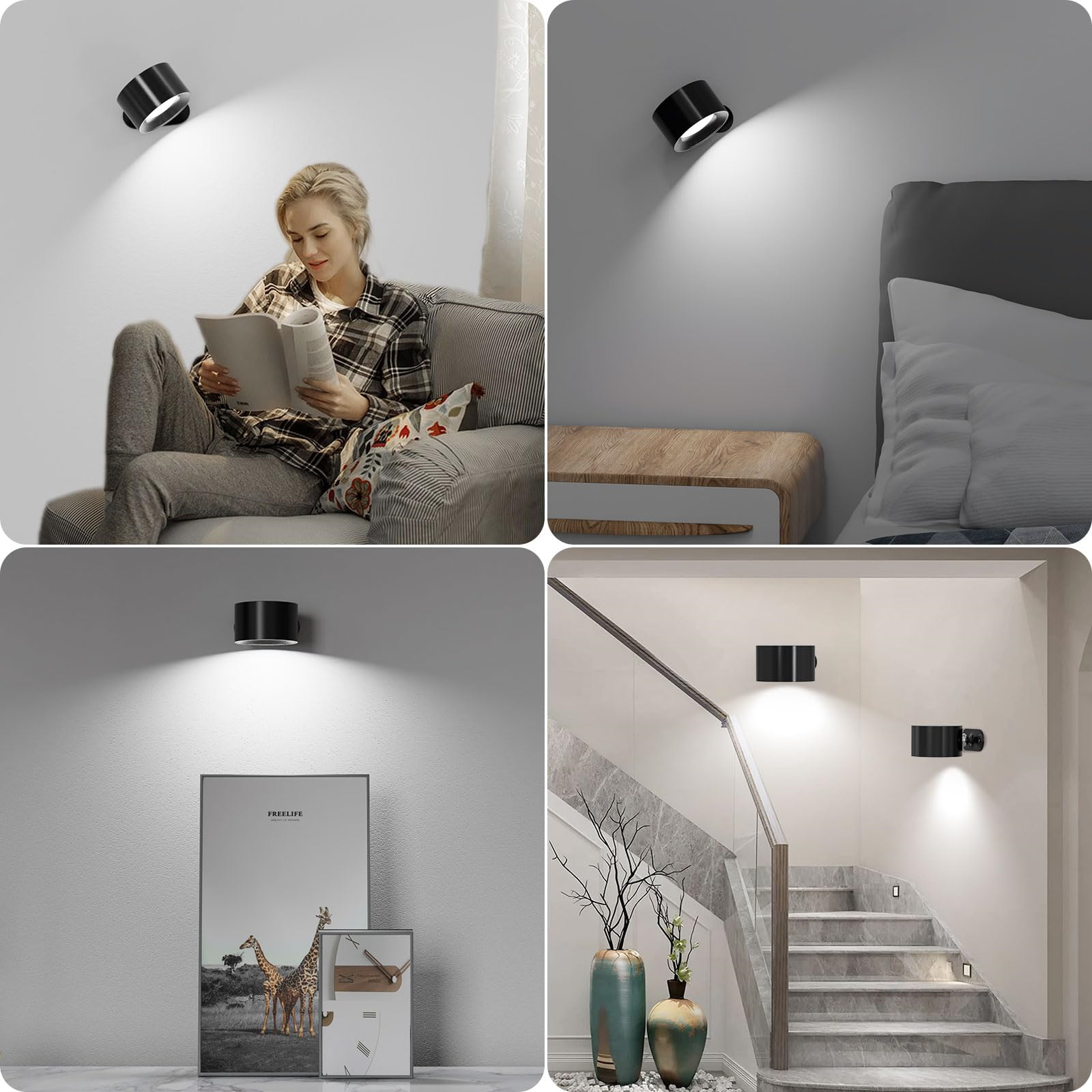 Bilder zeigen eine Wandleuchte in verschiedenen Umgebungen, darunter ein Wohnzimmer und ein Treppenhaus.