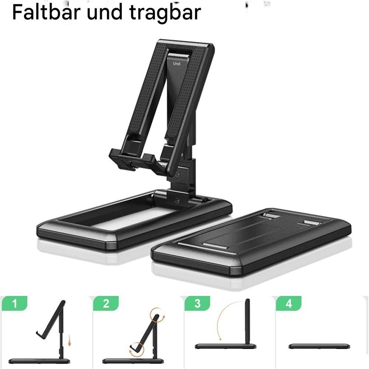 Faltbarer schwarzer Telefonständer, mit Schritten gezeigt.