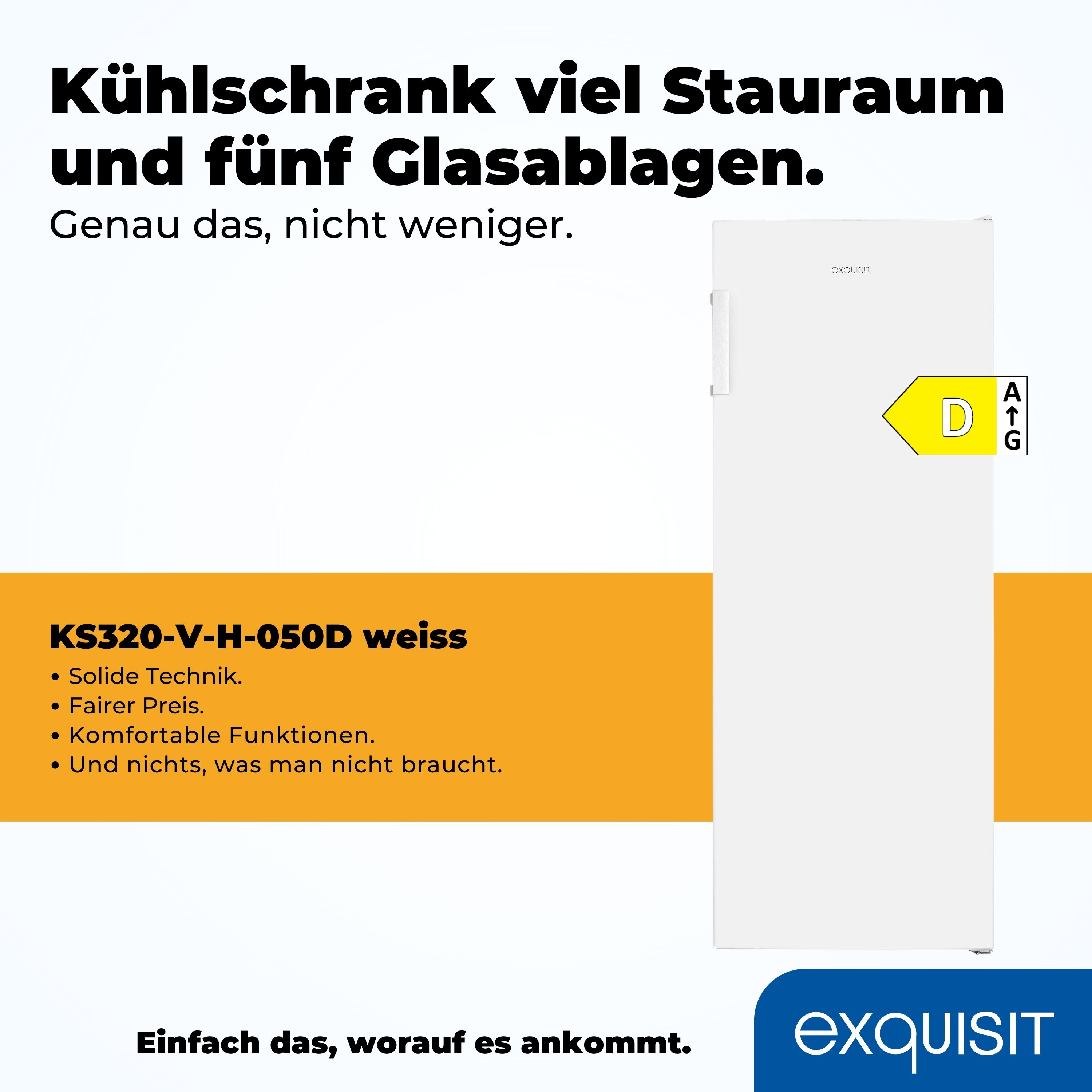 Weißer Kühlschrank mit Text links. Text wirbt für Stauraum und Glasablagen.