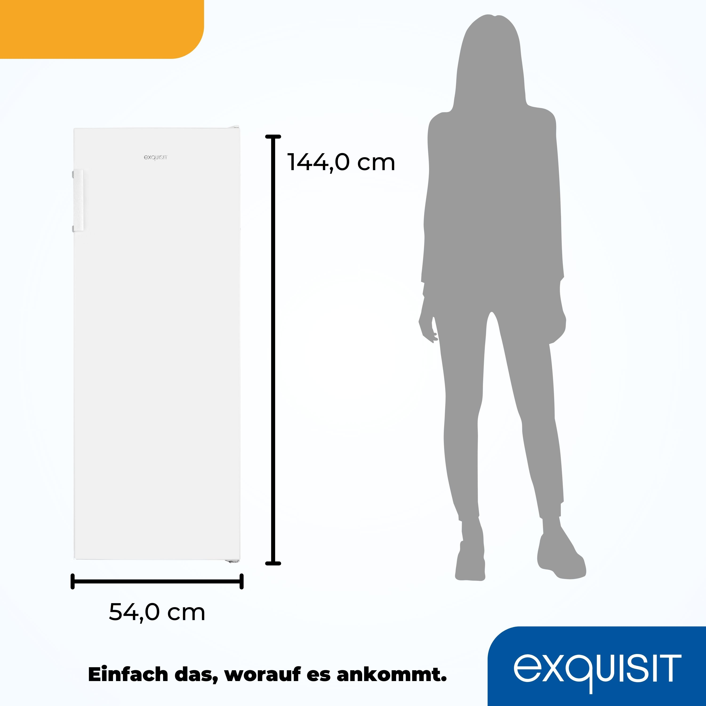 Weißer Kühlschrank mit einer Frauensilhouette daneben, mit Abmessungen, auf weißem Hintergrund.