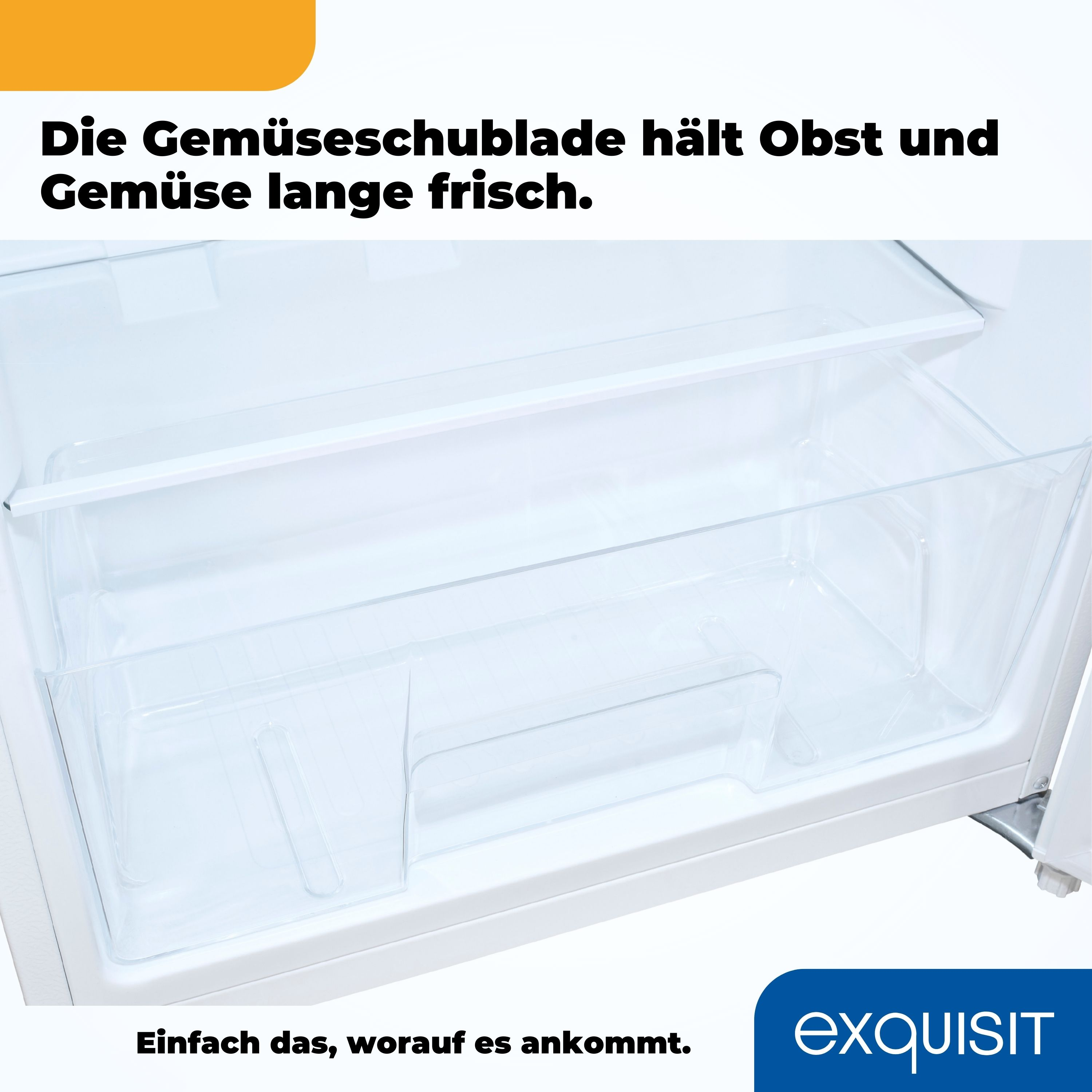 Eine Kühlschrank-Schublade mit transparentem Behälter und Text auf Deutsch.