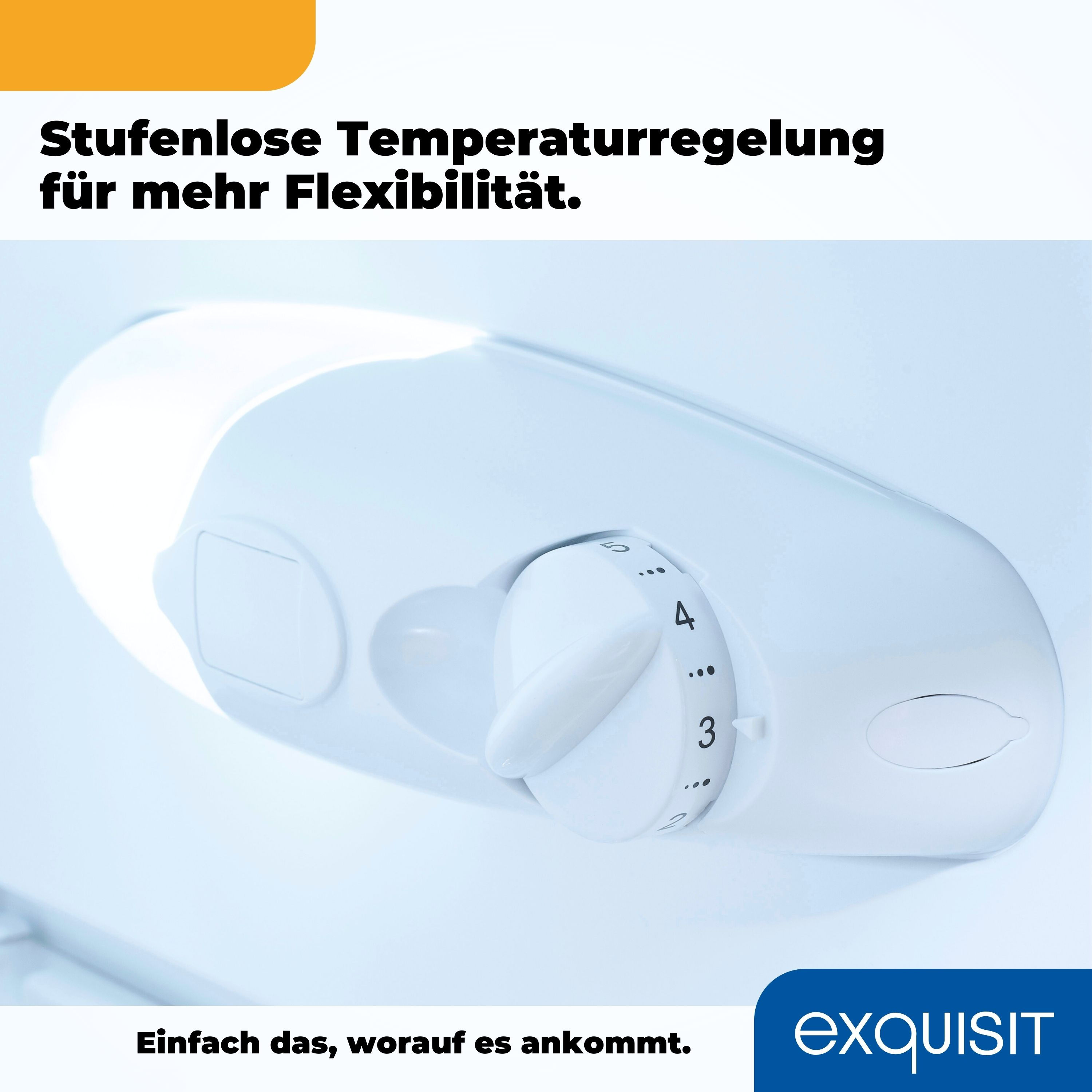 Weißes Bedienfeld mit Knopf und Zahlen. Text: Stufenlose Temperaturregelung für mehr Flexibilität.