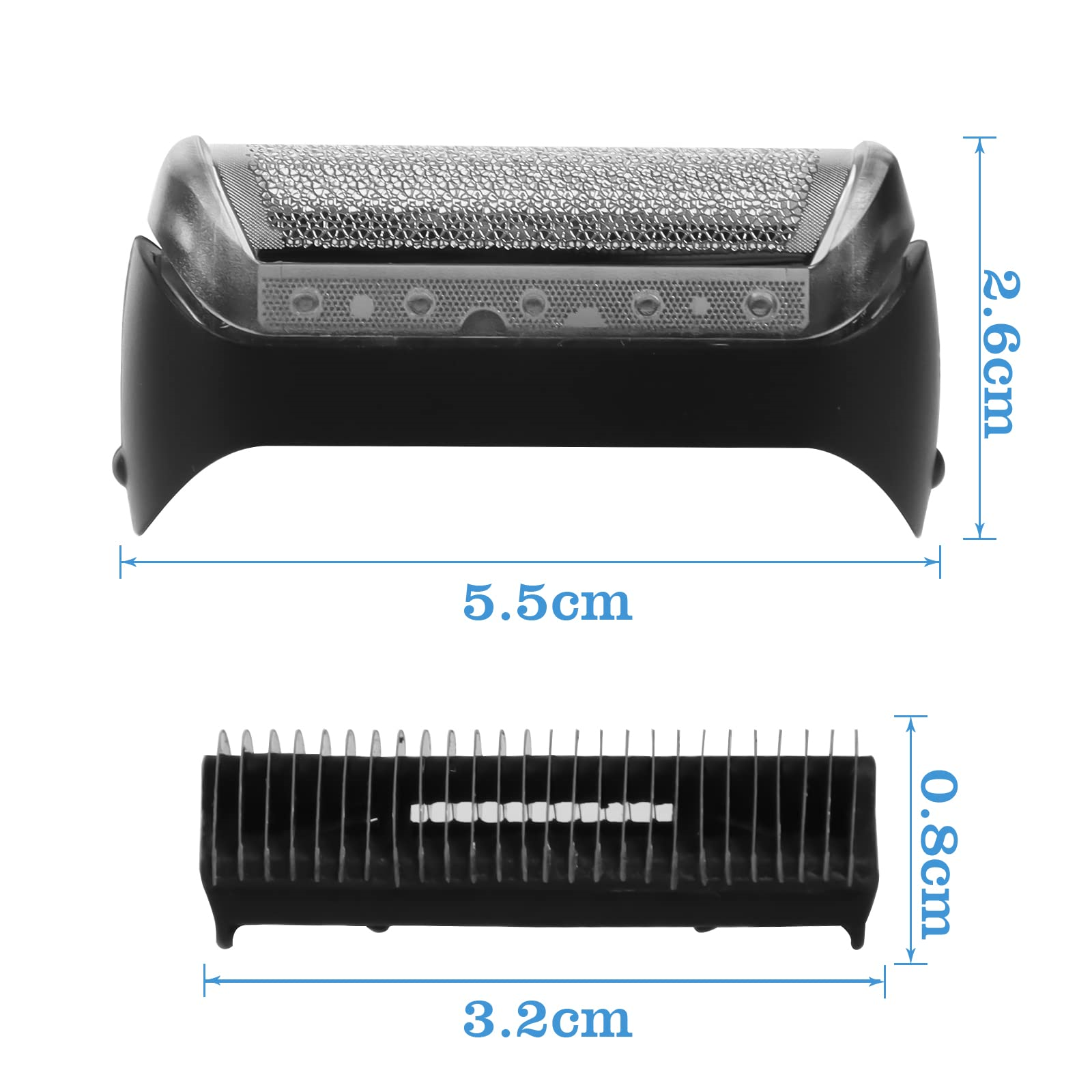 Zwei Teile eines Elektrorasierers, der Kopf und der Trimmer. Abmessungen sind angegeben.