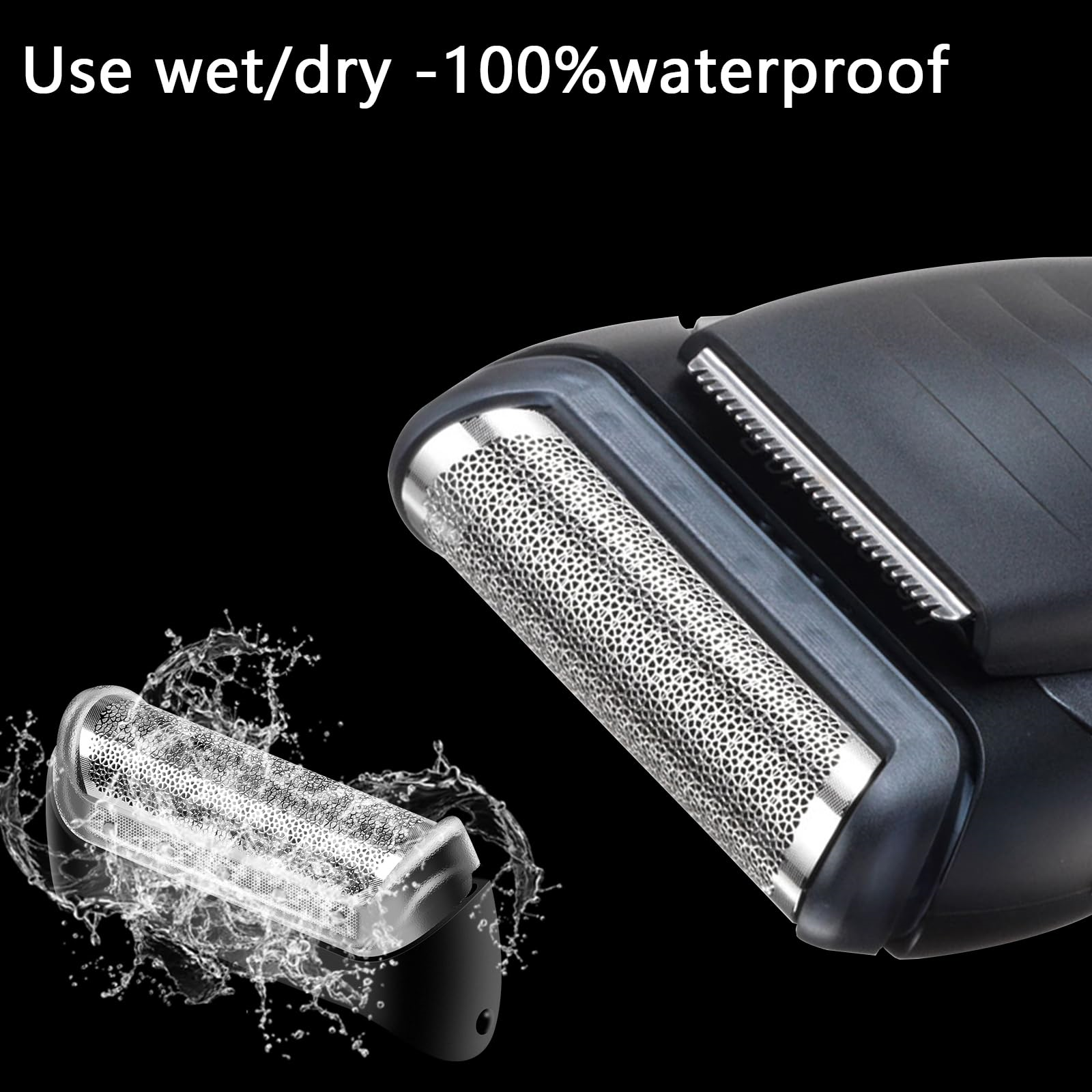 Nahaufnahme eines Rasiererkopfes mit spritzendem Wasser. Text sagt 'Use wet/dry -100% waterproof'.
