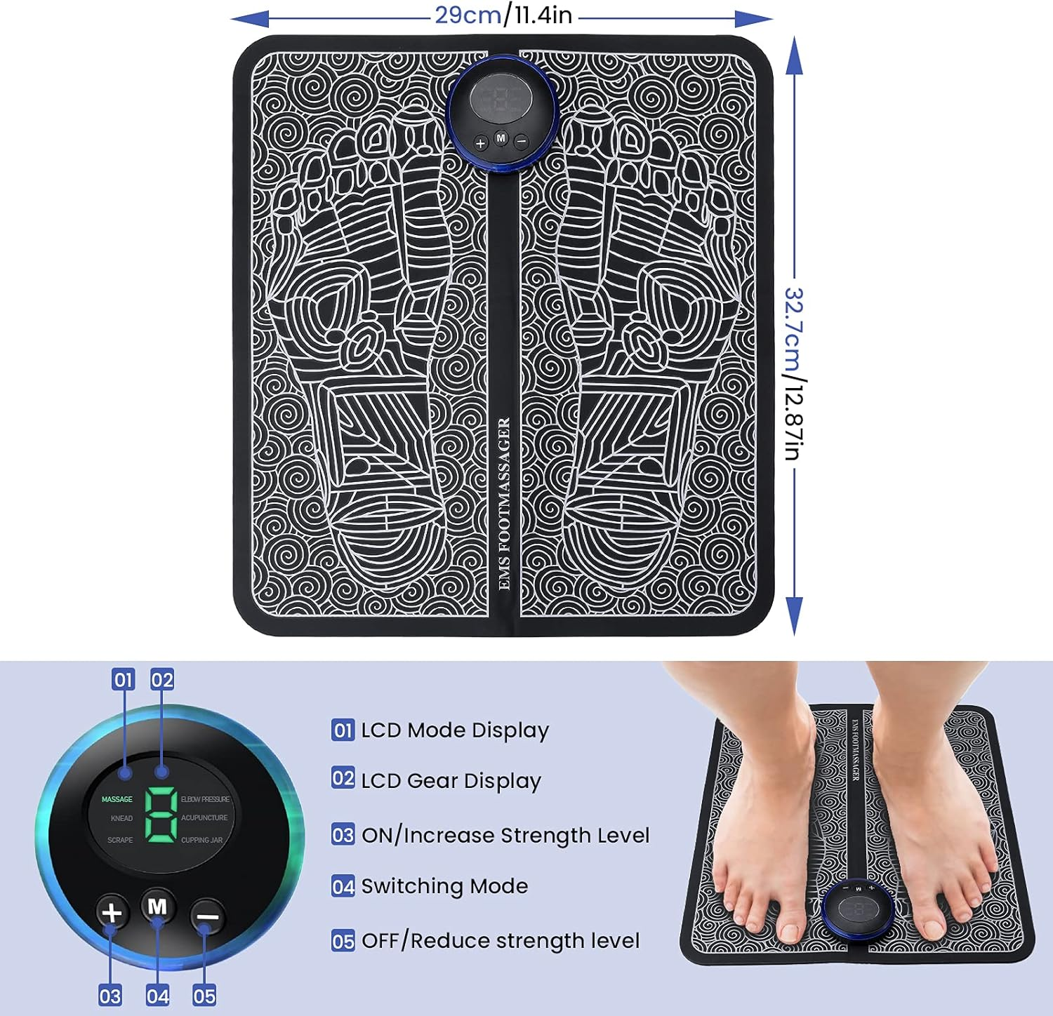 EMS-Fußmassagegerät mit Fußumrissen, Bedienfeld und Füßen auf dem Pad. Maße sind angegeben.