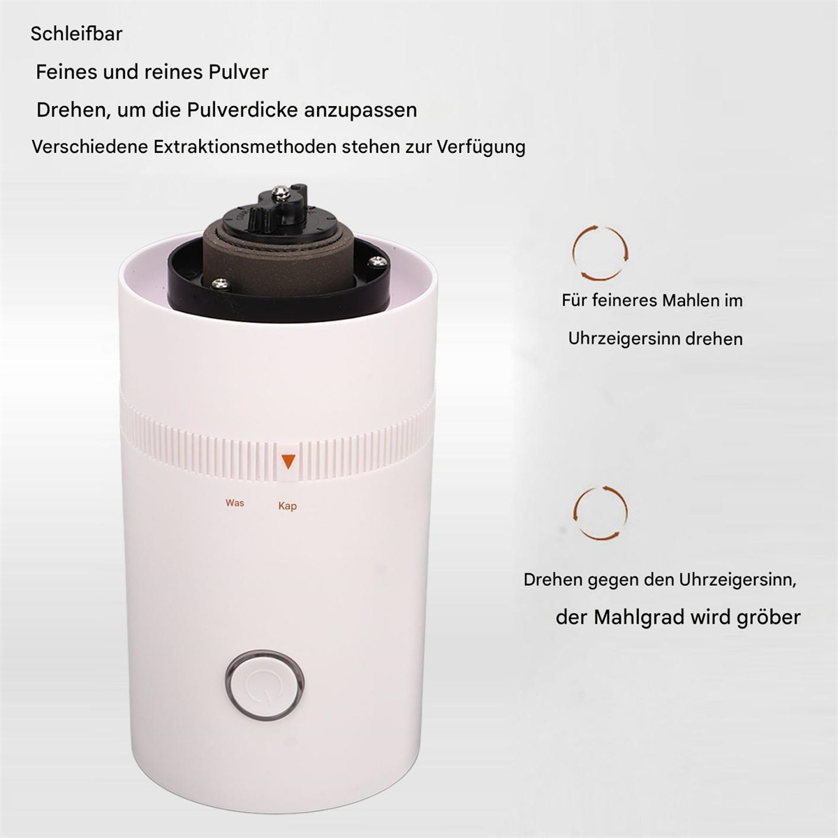 Weiße Kaffeemühle mit Text und Diagrammen, die zeigen, wie man den Mahlgrad einstellt.