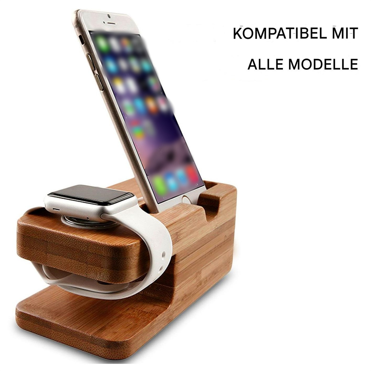 Holzständer, der ein Telefon und eine Smartwatch hält. Der Ständer hat eine flache Basis.