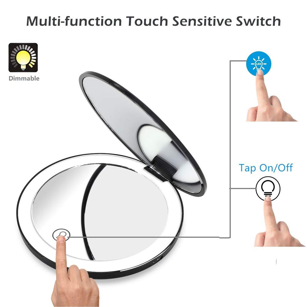 Ein multifunktionaler, berührungsempfindlicher Spiegel mit Licht- und Touch-Control-Symbolen. Der Spiegel ist offen.