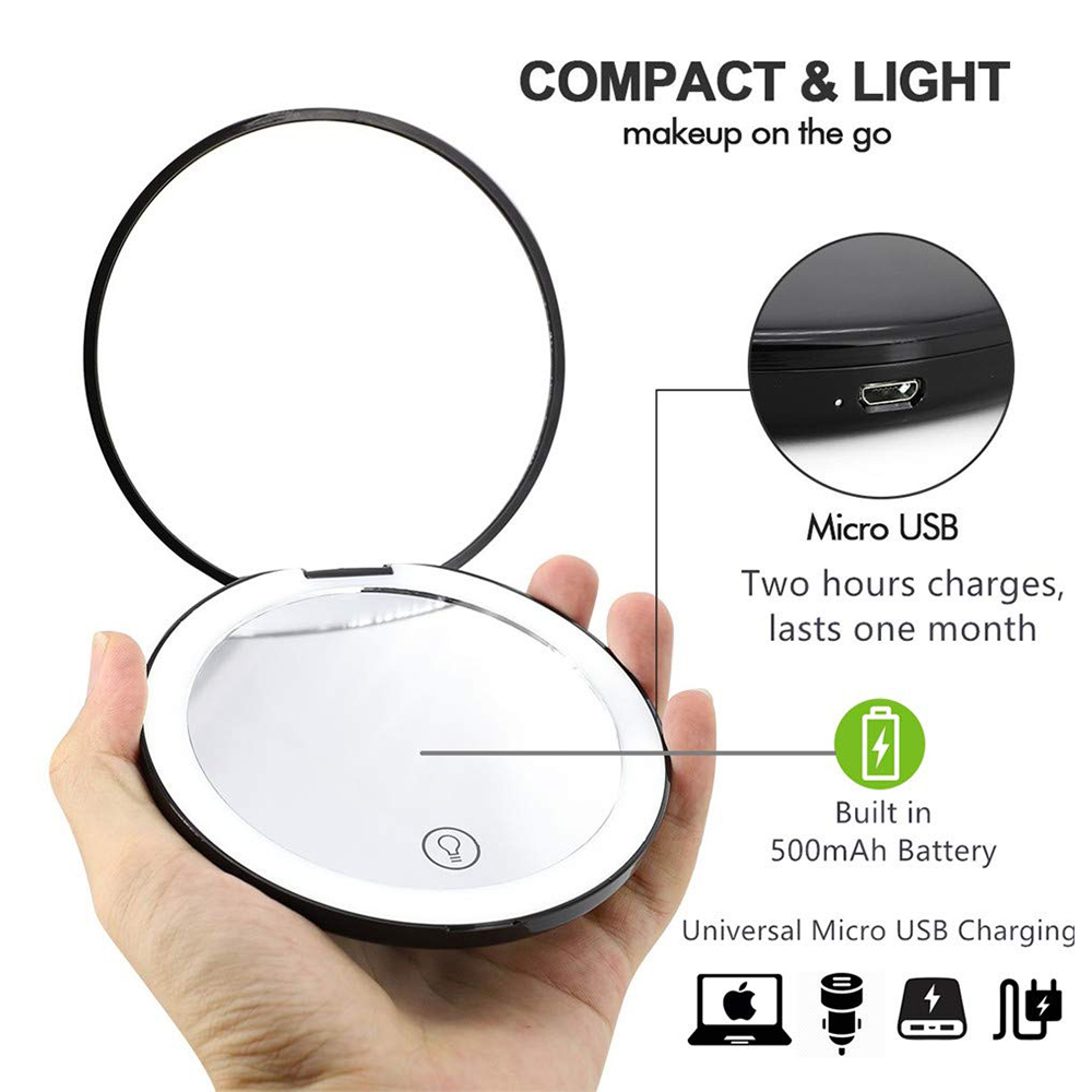 Hand hält runden Kompaktspiegel. Schwarz und weiß, mit Text: Compact & Light, Micro USB, Built in 500mAh Battery.