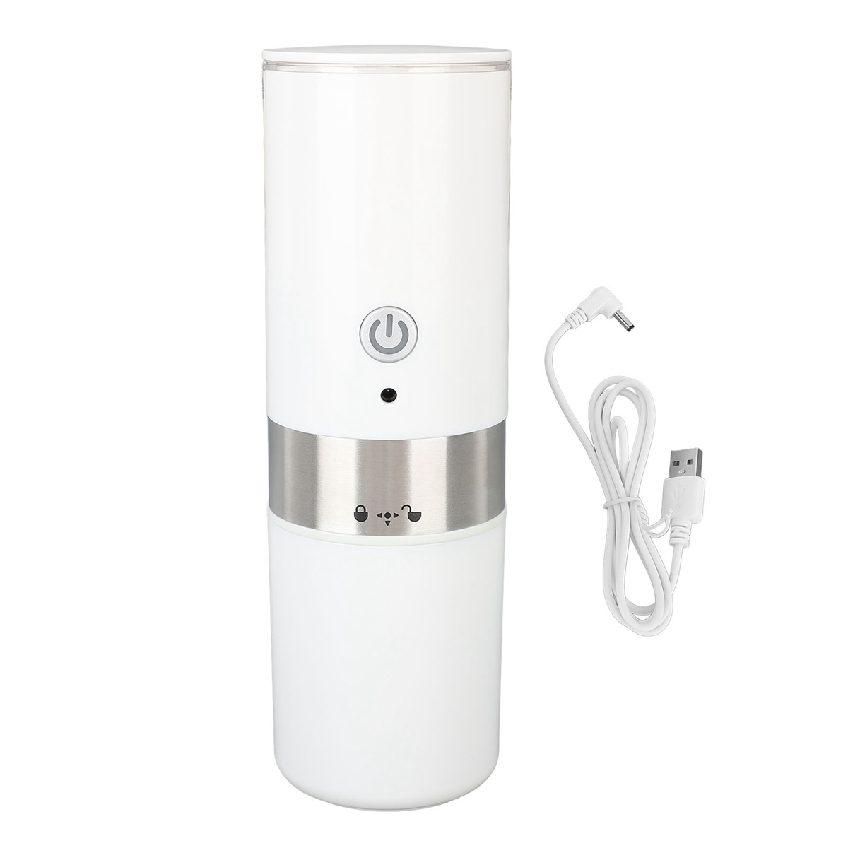 Eine weiße Kaffeemühle. Sie hat einen Ein-/Ausschalter und ein silbernes Band. Daneben ein weißes USB-Kabel.