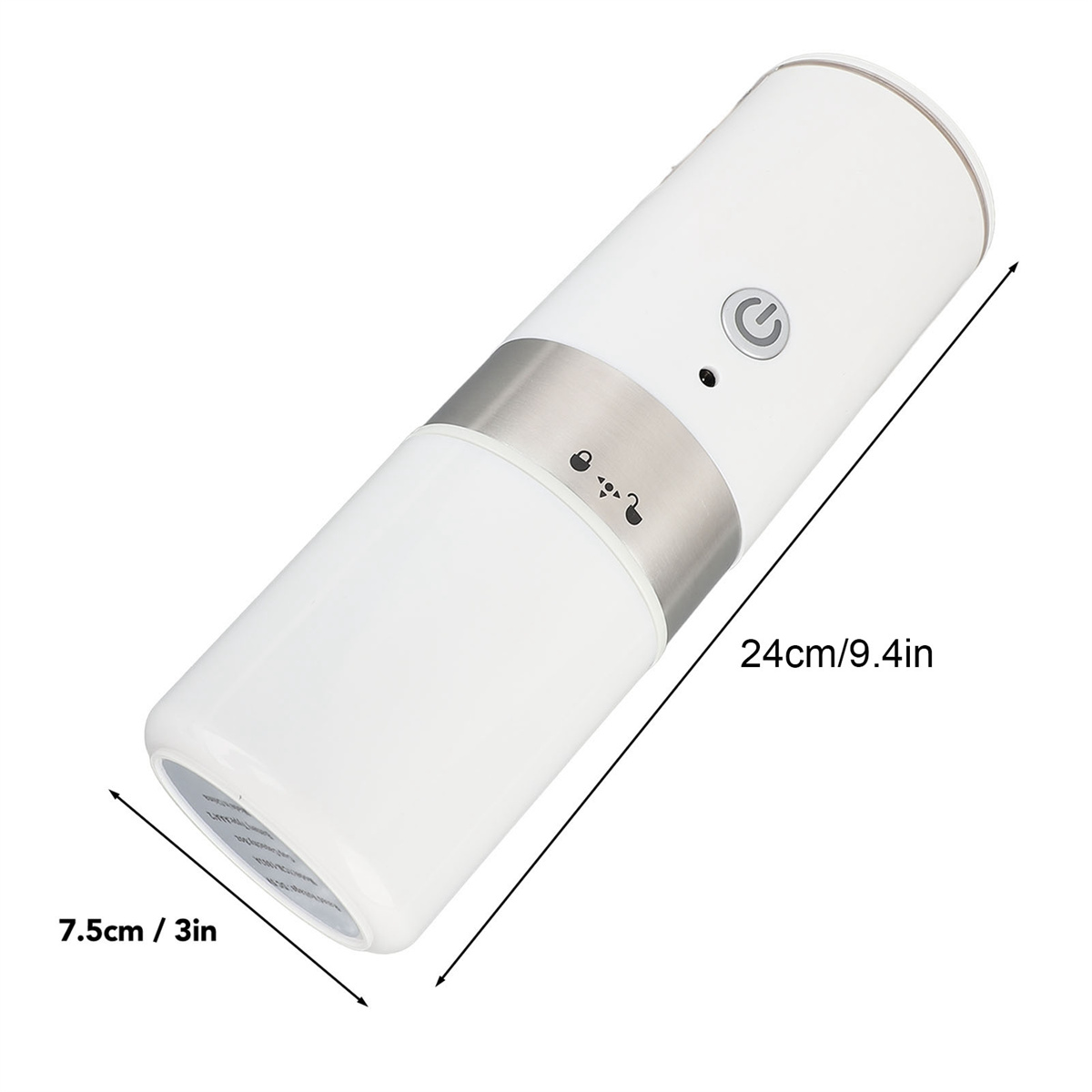 Ein weißes zylindrisches Gerät mit einem Ein-/Ausschalter und den Maßen 24 cm/9,4 Zoll lang und 7,5 cm/3 Zoll breit.