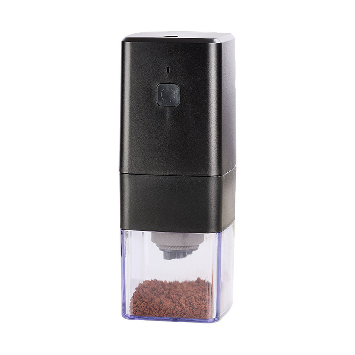 Schwarze elektrische Kaffeemühle. Die Oberseite ist schwarz mit einem Knopf, die Unterseite ist klar, mit braunem Kaffeesatz.