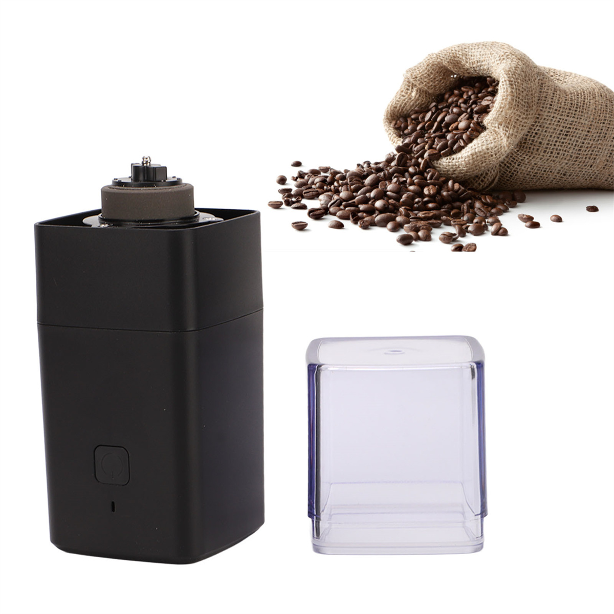 Eine schwarze Kaffeemühle mit einer klaren Tasse und Kaffeebohnen.