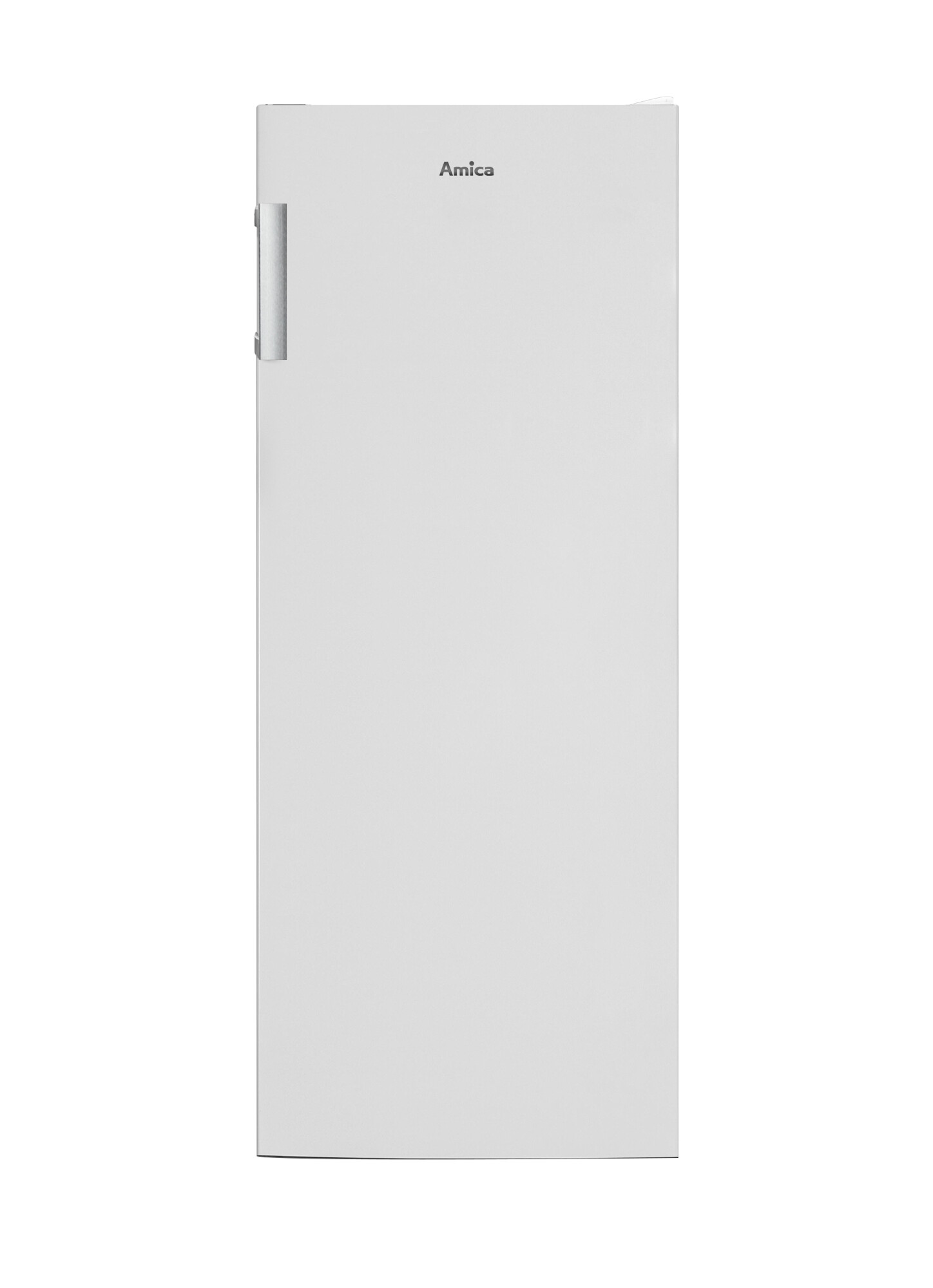 Weißer Amica Kühlschrank. Vorderansicht, auf weißem Hintergrund.