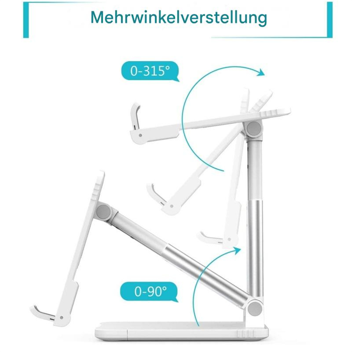 Ein silberner Tablet-Ständer mit mehreren Einstellpunkten, der verschiedene Winkel zeigt.